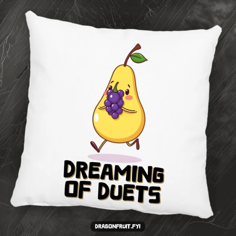 Funny pillow featuring a happy pear skipping with a small, singing grape. Soft and humorous fruit decor.