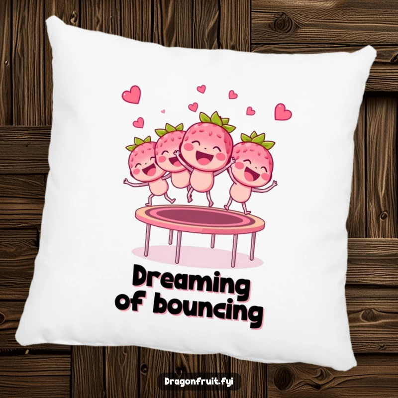 Funny giggling raspberry bunch pillow, bouncing on a trampoline, soft and humorous decor.