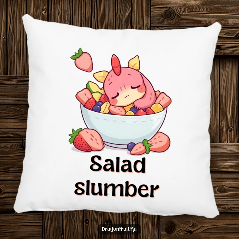 Funny pillow with a sleepy dragonfruit character snoozing in a fruit salad, perfect for comfort and humorous decor.