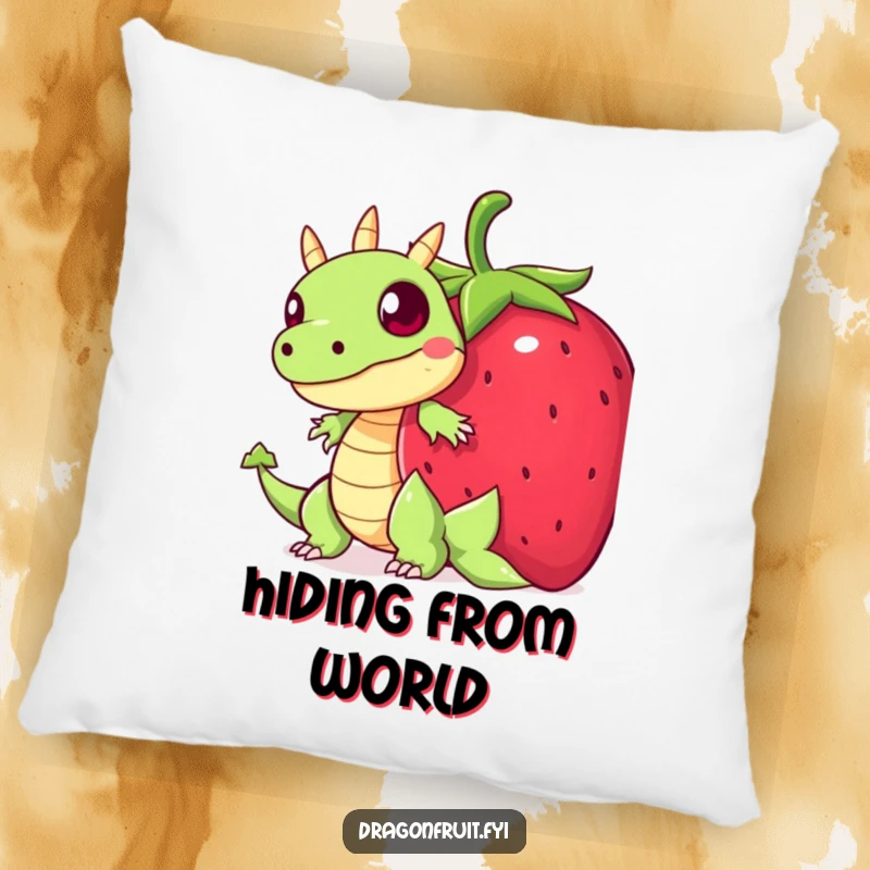 Funny pillow featuring a startled dragonfruit character hiding behind a giant strawberry, offering comfort with a humorous shy theme.