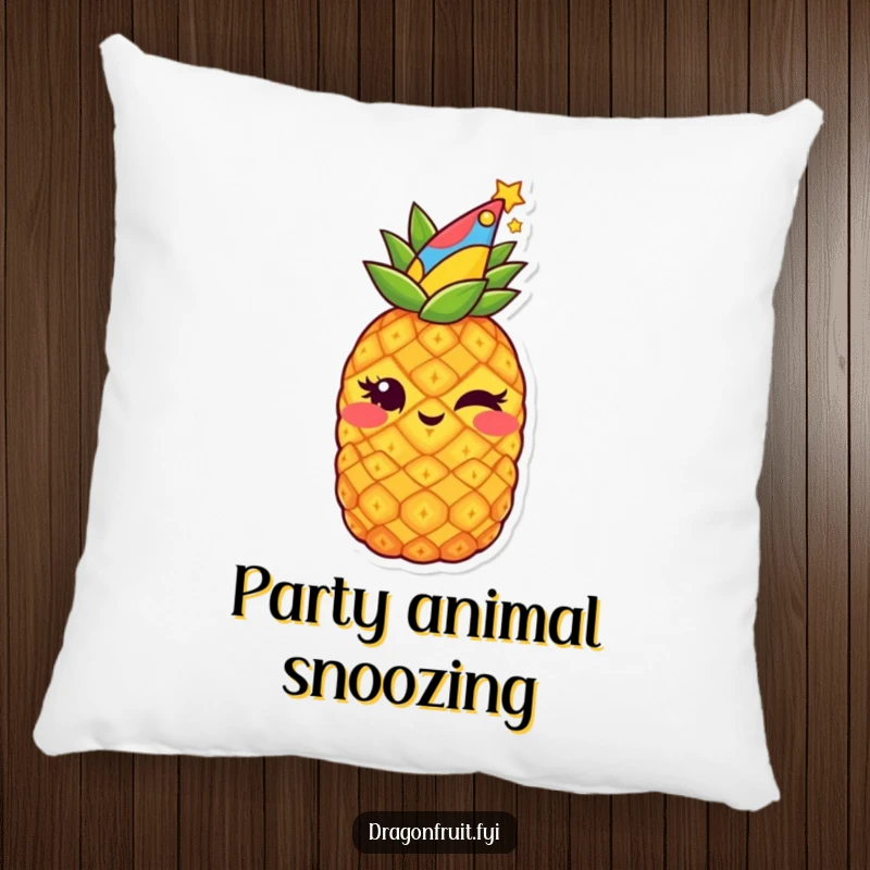 Funny pillow featuring a starry pineapple in a party hat, winking mischievously, offering soft comfort and festive humor.