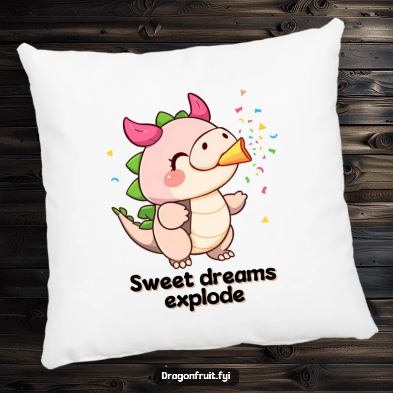 Funny dragonfruit pillow, cheeks puffed, blowing colorful confetti from its stem, a soft and cheerful decorative piece.