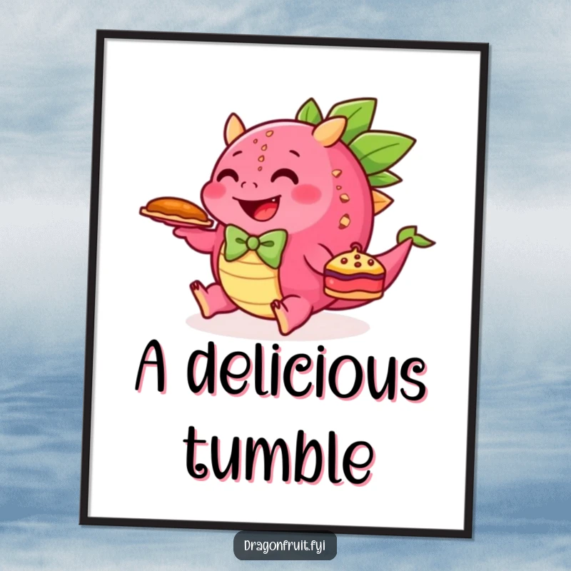 Funny digital art print of a happy dragonfruit tripping with a pie, a humorous and charming printable.