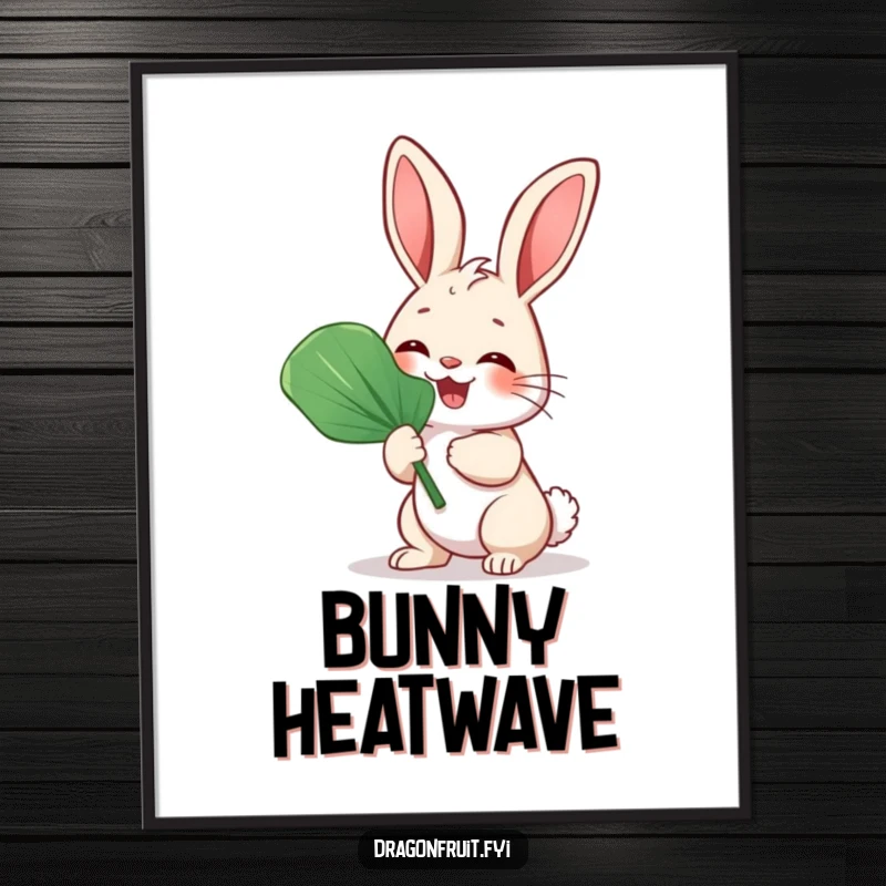 Funny Bunny Rabbit Fan Digital Art Print of a giggling rabbit fanning itself with a large leaf, ready for printing.
