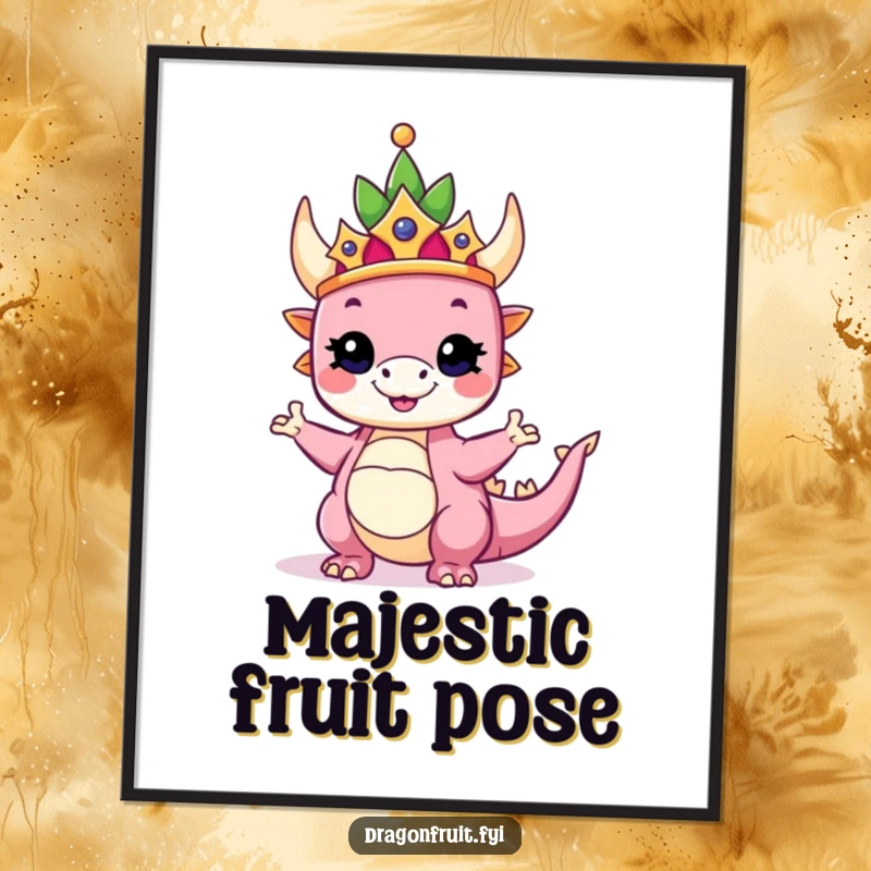 Funny digital art print of a dragonfruit wearing a crown, striking a proud and silly pose, perfect for regal and humorous decor.