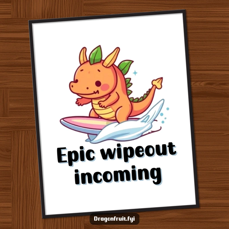 Funny determined dragonfruit character surfing a tiny wave on a surfboard, printable humorous tropical fruit wall art.