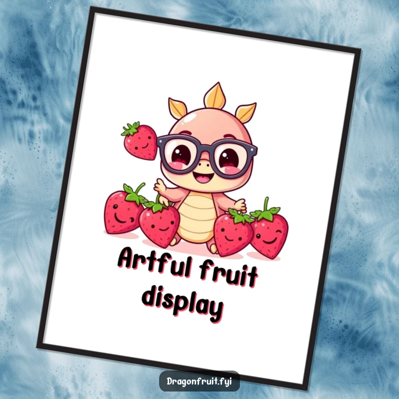Funny digital art print of a tiny dragonfruit with oversized glasses, juggling three smiling strawberries, ready to bring smiles.