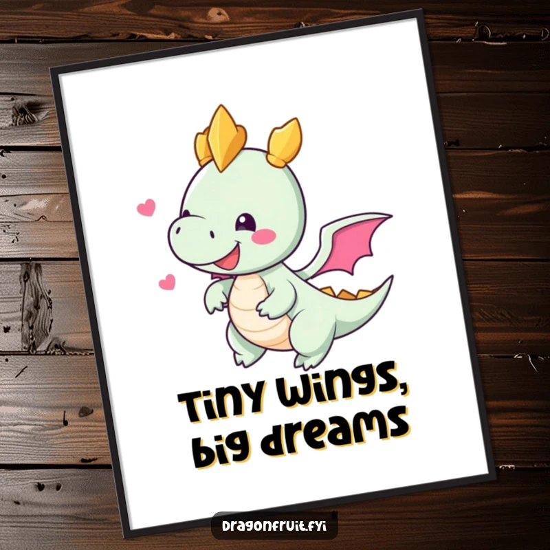 Funny digital art print of a delighted dragonfruit character with tiny wings attempting flight, ready to be printed and displayed.