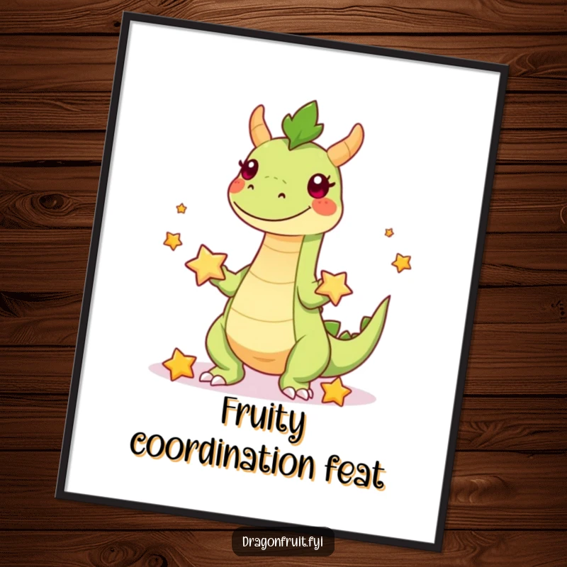 Funny digital art print of a playful dragonfruit character with legs juggling starfruit, ready to be printed and displayed.