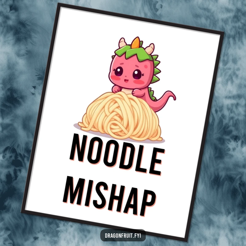 Funny digital art of a blushing dragonfruit character tripping over a huge noodle, capturing a moment of comical surprise and embarrassment.