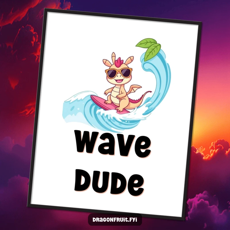 Funny Digital Art Print: A dragonfruit character in sunglasses surfing a wave, a cool and vibrant piece for immediate digital or physical display.