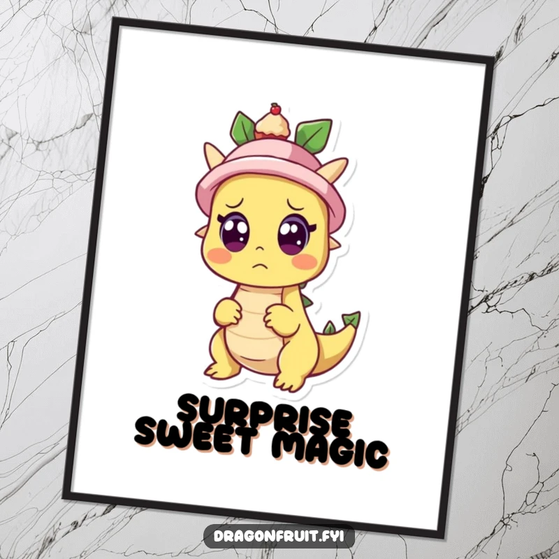 Funny digital art print of a dragonfruit character with wide eyes, surprised by a cupcake popping from a hat, symbolizing magic and humor.