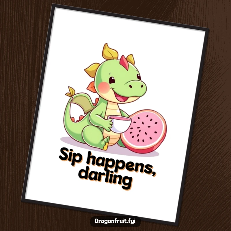 Funny happy dragonfruit character having a tea party with a tiny teacup, printable humorous and cute wall art.