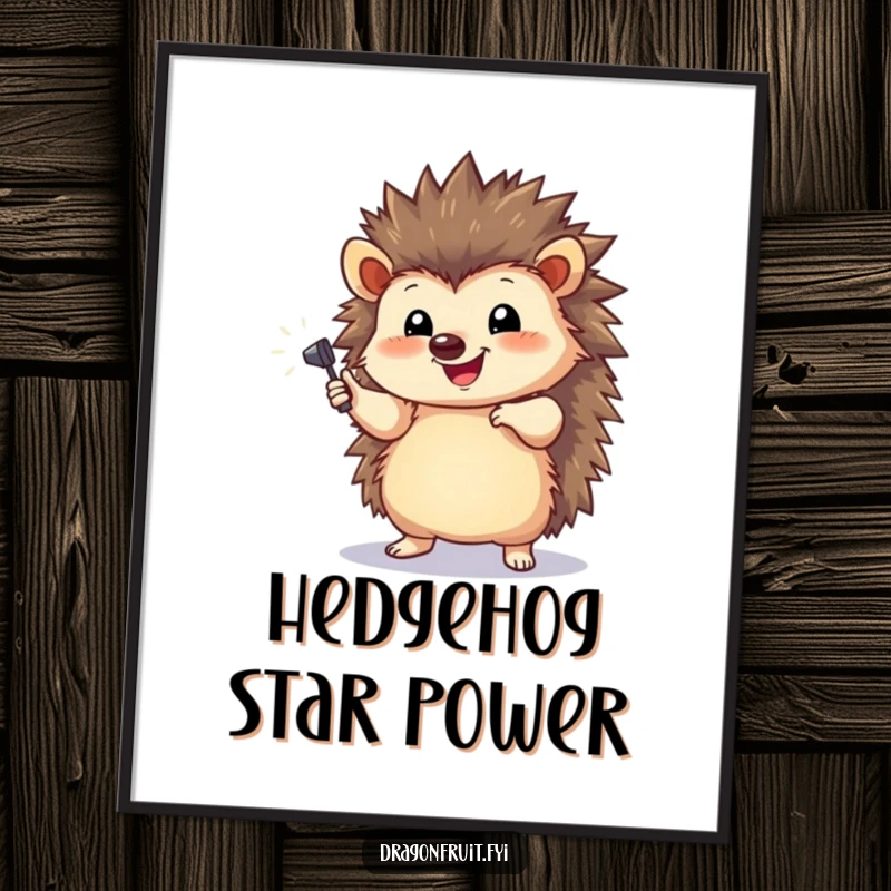 Funny Hedgehog Spotlight Digital Art Print of a happy hedgehog striking a dramatic pose under a tiny spotlight, ready for printing.