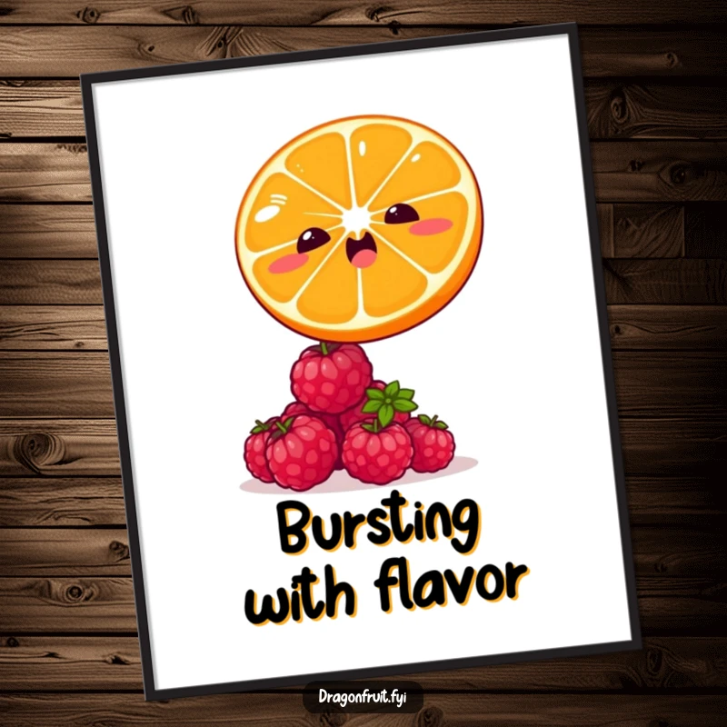 Funny digital art print of a winking orange slice leaping over tiny, giggling raspberries. Printable fruit wall decor.