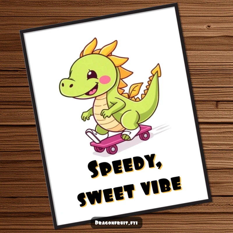 Funny digital art print of a smiling dragonfruit character wearing roller skates, depicted in a dynamic, zooming pose for vibrant decor.