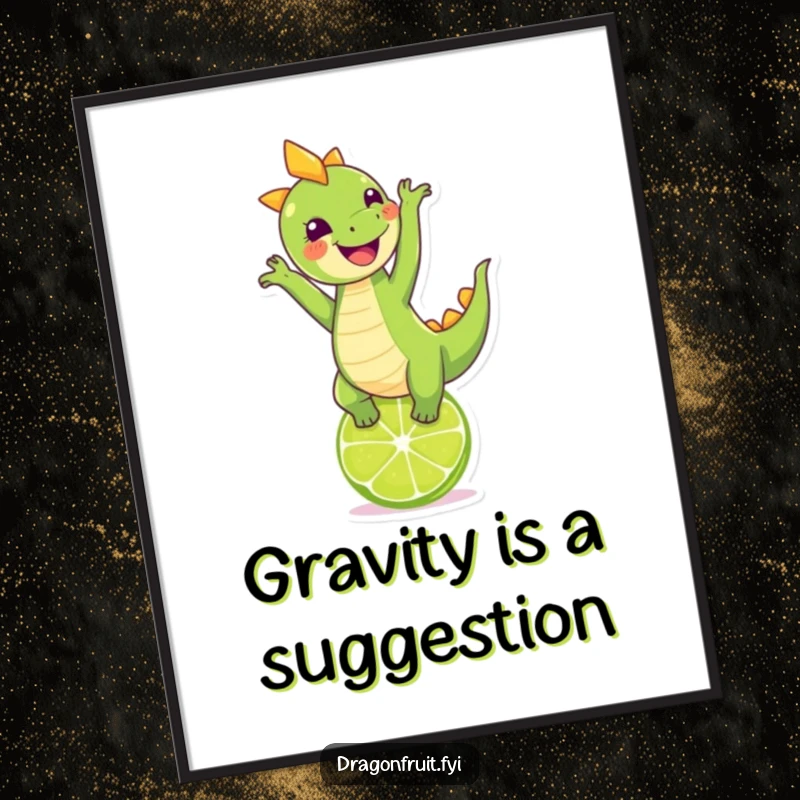 Funny giggling dragonfruit character performs a handstand on a lime, available as a humorous digital art print.