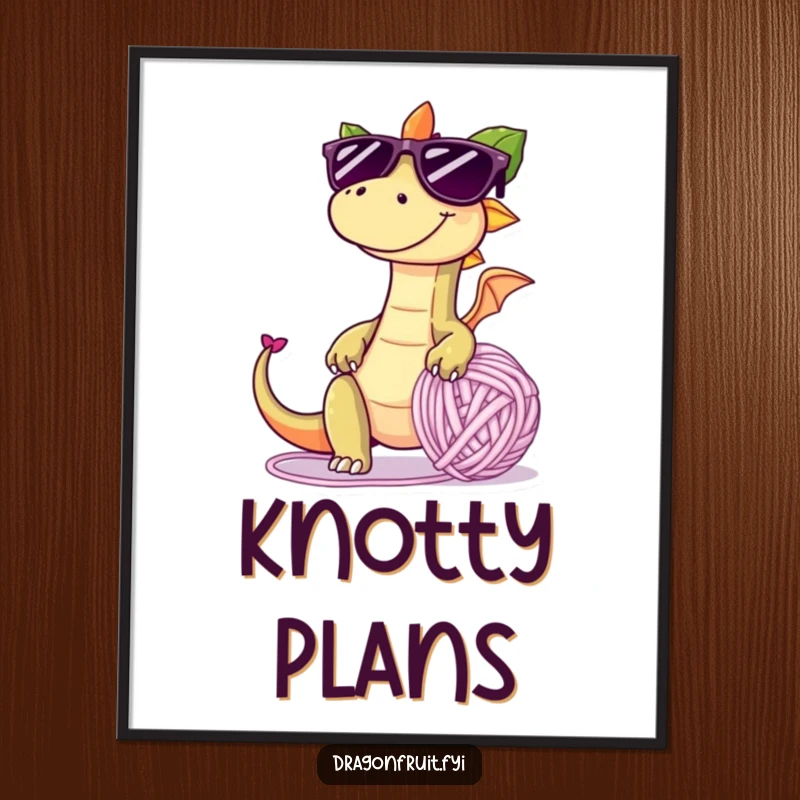 Funny digital art print of a dragonfruit with oversized sunglasses and mischievous grin, tripping over a giant yarn ball, celebrating playfulness.