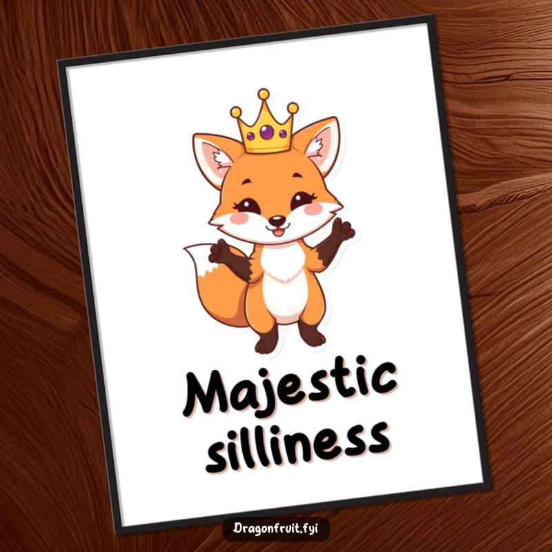 Funny Fox King Digital Art Print of a playful fox in a crown striking a dramatic pose, ready for printing.