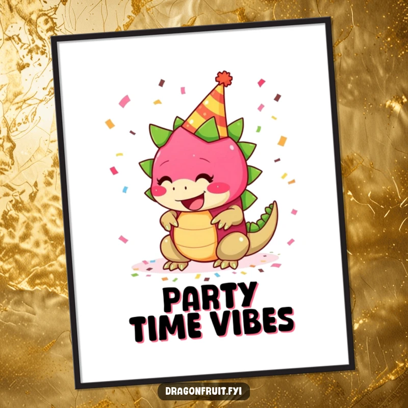 Funny digital art print of a giggling dragonfruit in a party hat with confetti, for instant festive wall art.