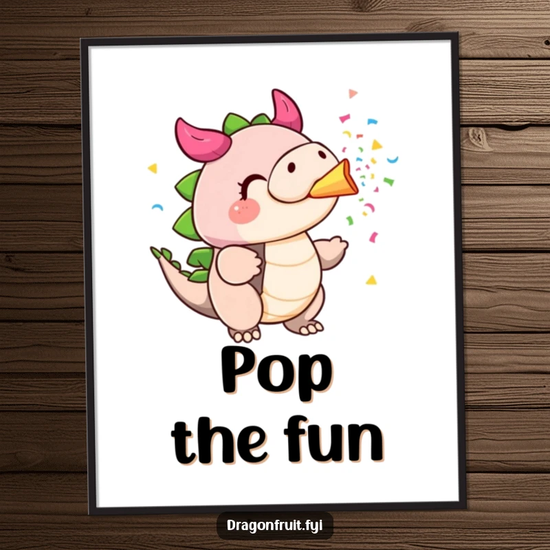 Funny dragonfruit digital art print, cheeks puffed, blowing colorful confetti from its stem, an instant party decoration.