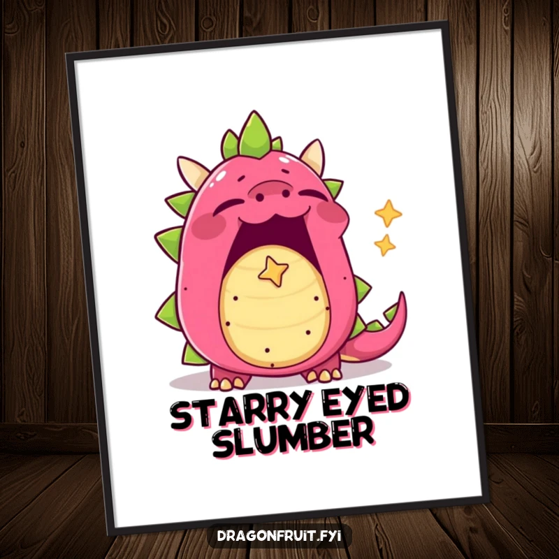 Funny dragonfruit digital art print, yawning character with mouth wide open, blowing a tiny star-shaped bubble, instant decor.