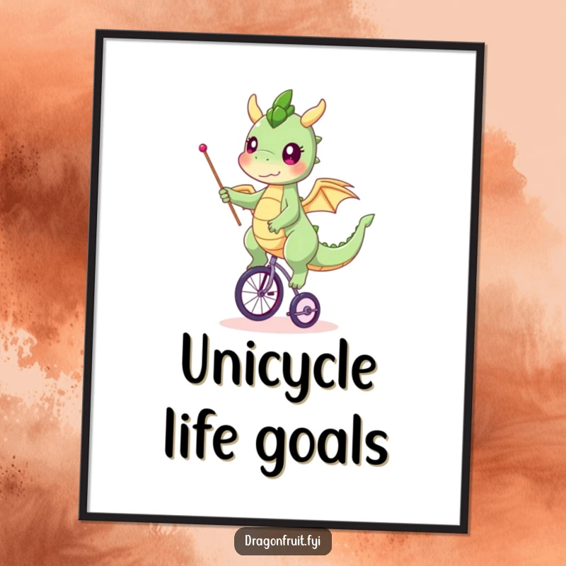 Funny dragonfruit digital art print, character balancing on a tiny unicycle, waving a flag, instant whimsical decor.