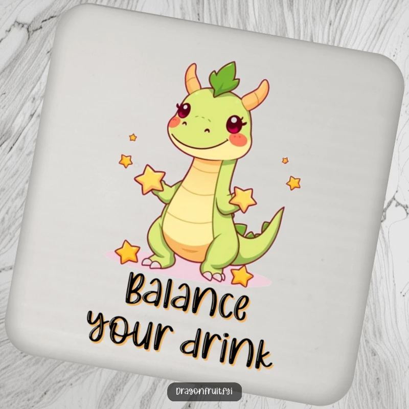 Funny drink coaster showcasing a dragonfruit character with legs juggling starfruit, adding tropical humor and charm to any table.