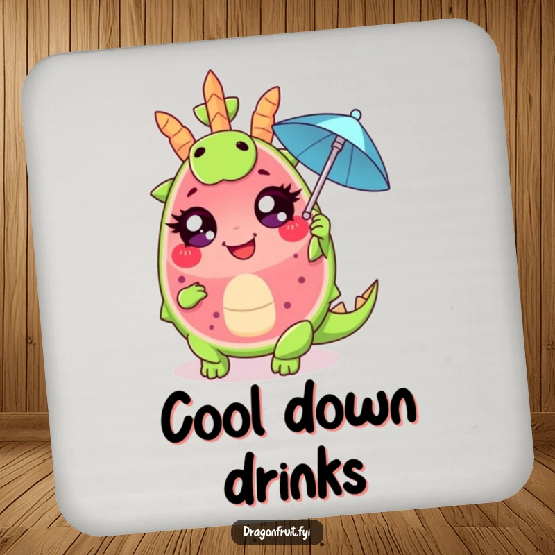 Funny drink coaster with a giggling dragonfruit wedge, large eyes, dramatically fanning with a cocktail umbrella, adding tropical drama to beverage service.