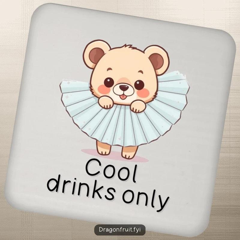 Funny Bear Cub Fan Drink Coaster with a cheerful cub peeking from behind a sparkly fan, for beverages.