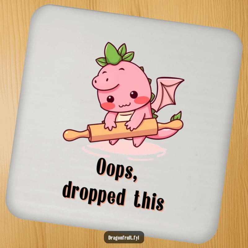 Funny drink coaster featuring a blushing dragonfruit character tripping over a rolling pin, adding humorous kitchen flair.