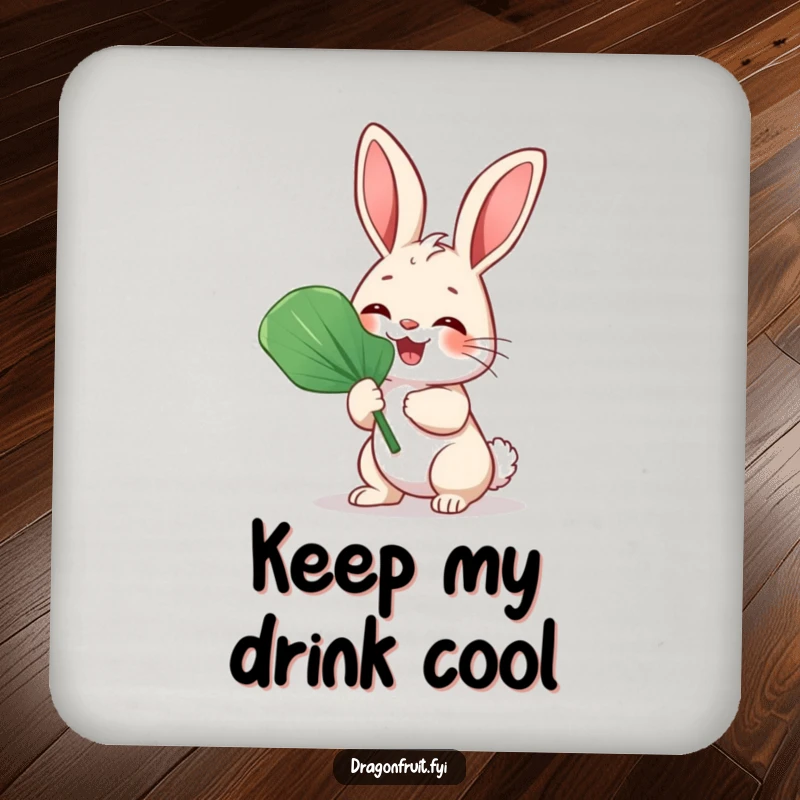 Funny Bunny Rabbit Fan Drink Coaster with a giggling rabbit fanning itself with a large leaf, for beverages.