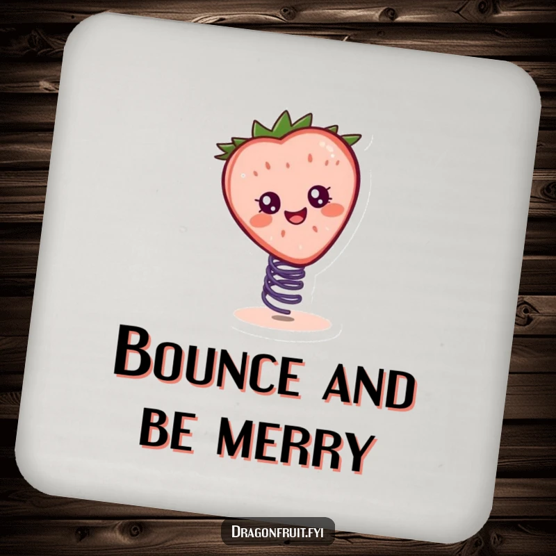 Funny drink coaster featuring a cheerful strawberry slice character bouncing on a spring, adding playful humor to surfaces.