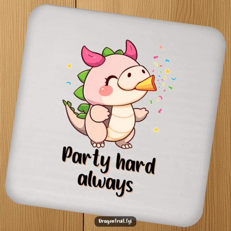 Funny dragonfruit coaster, cheeks puffed, blowing colorful confetti from its stem, a vibrant and protective accessory.