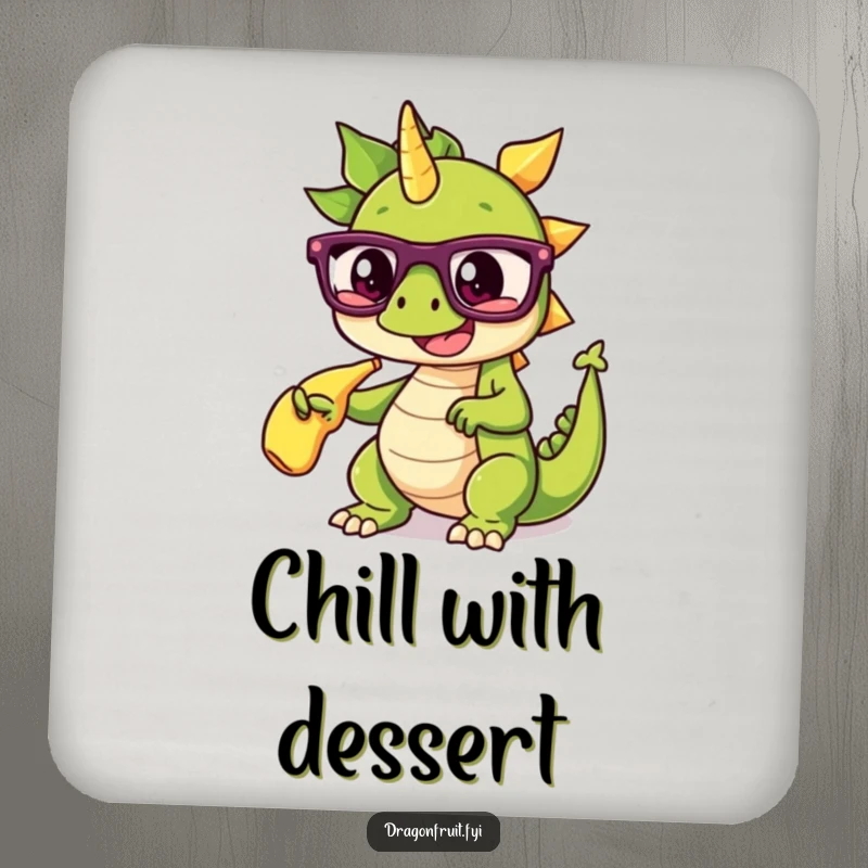 Funny coaster with a dragonfruit wearing glasses, dramatically pointing at a banana split, protecting surfaces with humor.