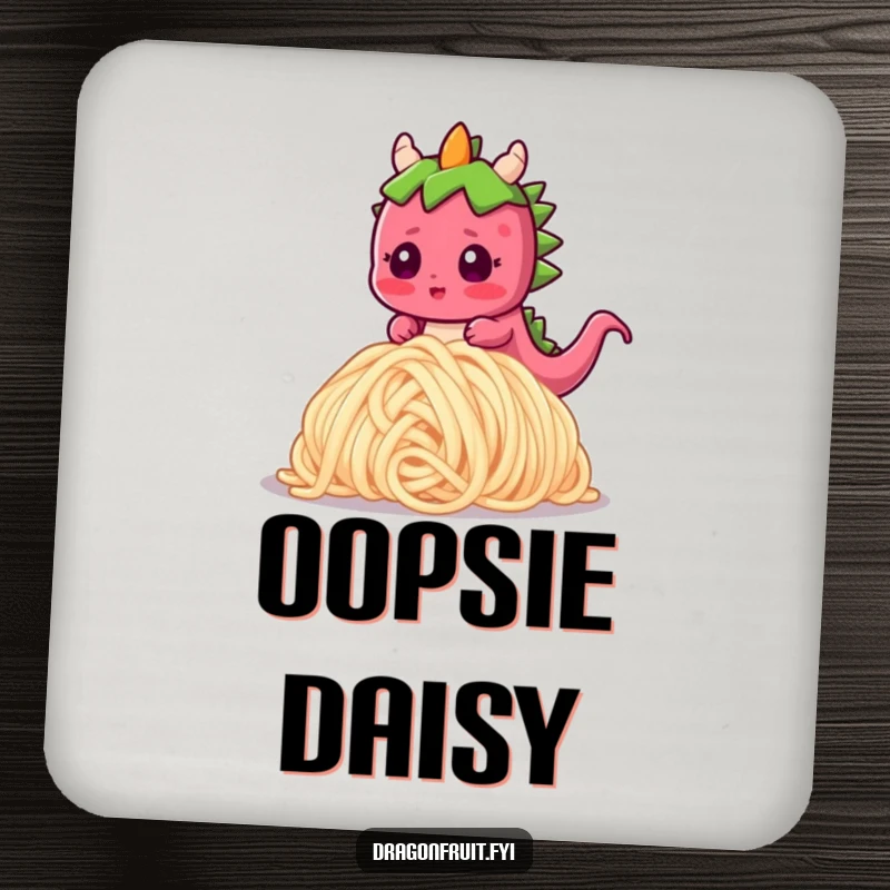 Funny drink coaster art of a blushing dragonfruit character comically tripping over a large noodle, providing a humorous surface.