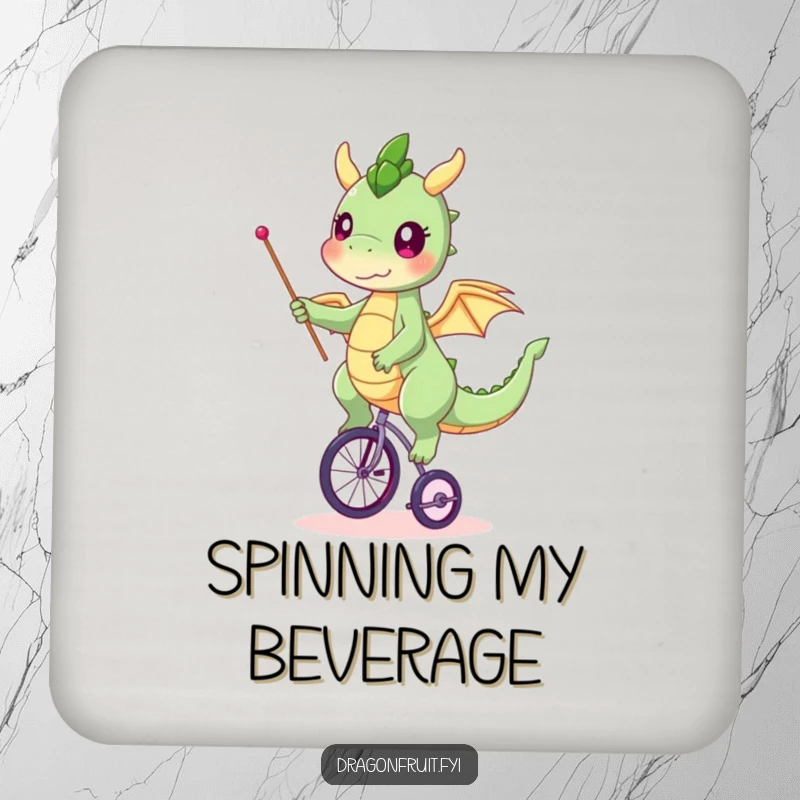 Funny dragonfruit coaster, character balancing on a tiny unicycle, waving a flag, a fun and protective accessory.