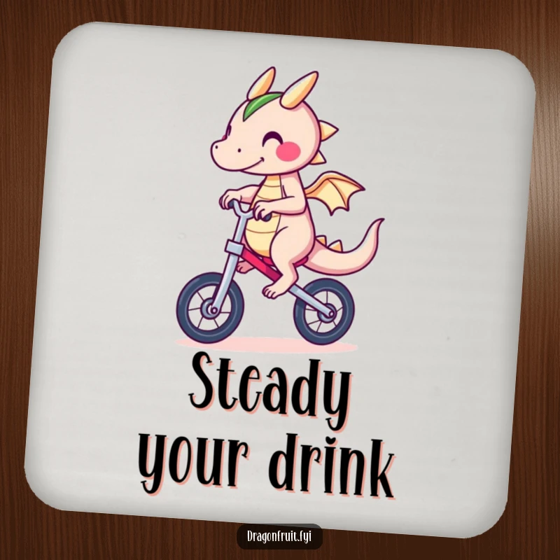 Funny Dragonfruit Coaster featuring a character in a funny unicycle balancing act, protecting surfaces with humor.