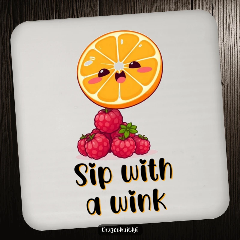 Funny drink coaster featuring a winking orange slice leaping over giggling raspberries. Protects surfaces with citrusy humor.