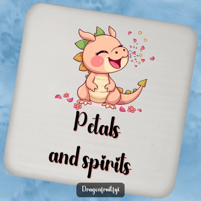 Funny drink coaster depicting a dragonfruit comically sneezing a shower of tiny flower petals, adding floral humor to tables.