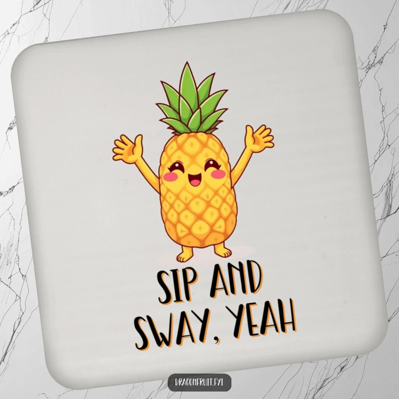 Funny coaster with a cheerful pineapple character doing a silly dance with raised arms, bringing tropical fun to any surface.
