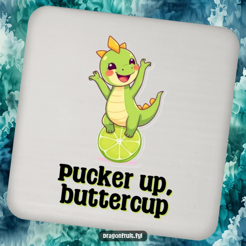 Funny dragonfruit character doing a handstand on a lime, featured on a set of humorous drink coasters.