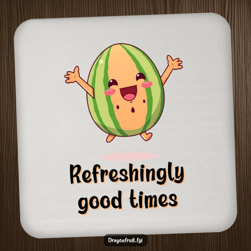 Funny watermelon wedge coaster, leaping with excitement, protecting surfaces with a humorous and fruity charm.