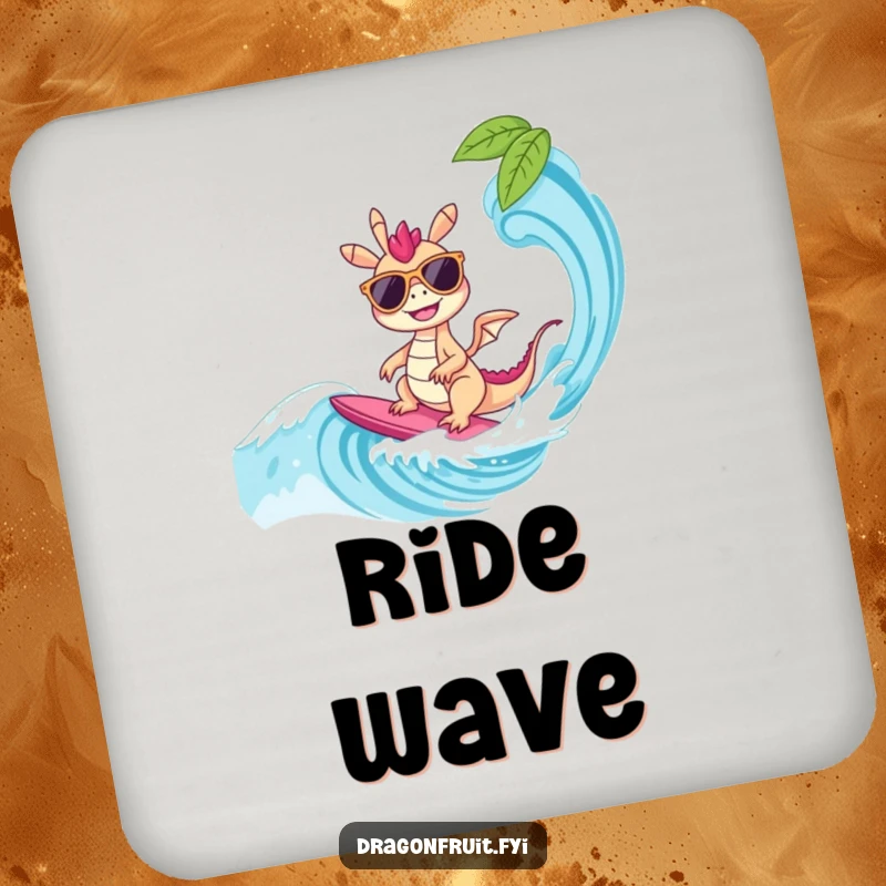 Funny Drink Coasters: A dragonfruit character in sunglasses surfing a wave, protecting surfaces with charm and a splash of tropical cool.