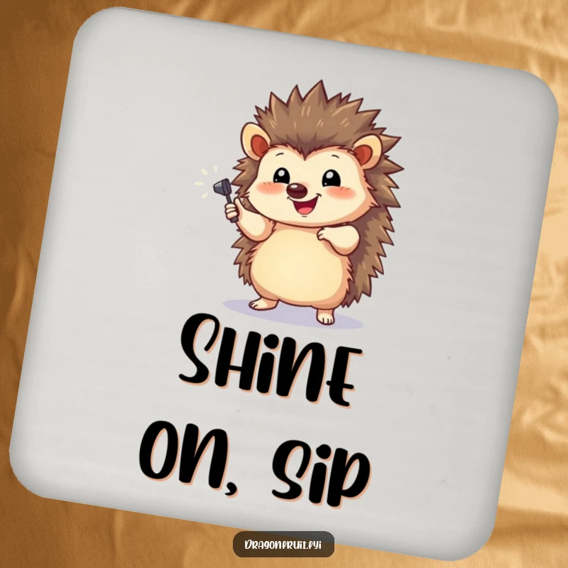 Funny Hedgehog Spotlight Drink Coaster with a happy hedgehog striking a dramatic pose under a tiny spotlight, for beverages.