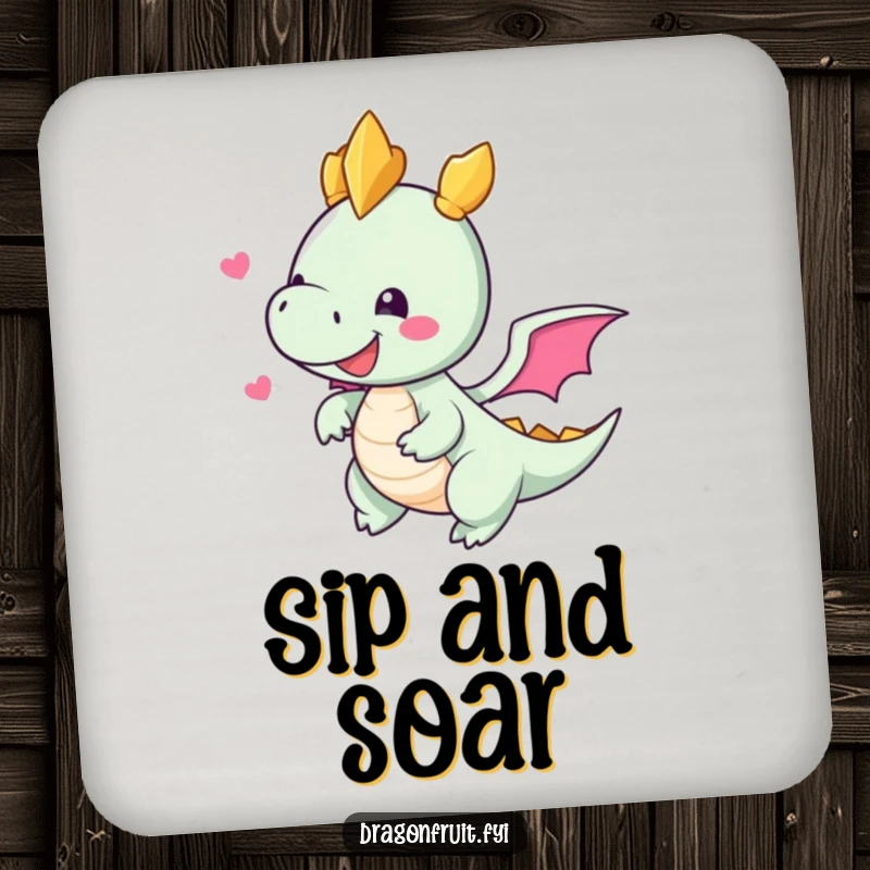 Funny drink coaster showcasing a dragonfruit character with tiny wings attempting flight, adding tropical humor and charm to any table.