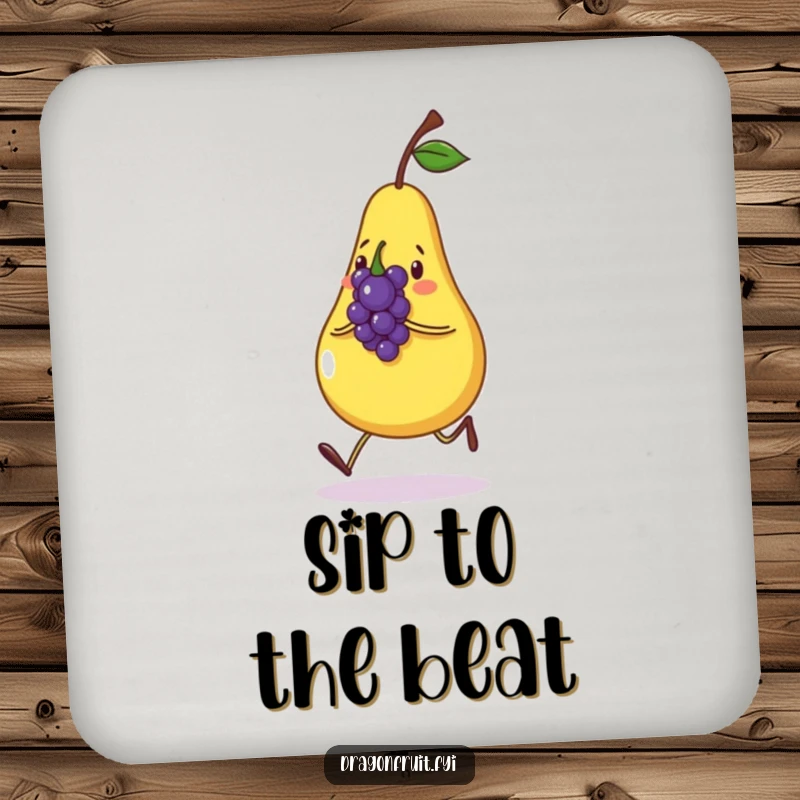 Funny drink coaster featuring a cheerful pear skipping with a small grape singing. Protects surfaces with fruity humor.