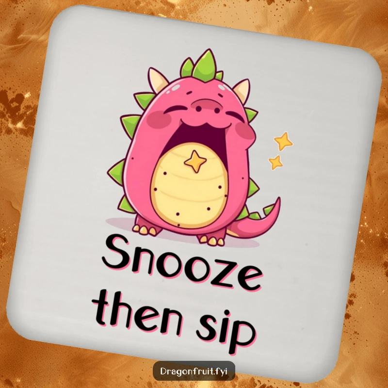 Funny dragonfruit coaster, yawning character with mouth wide open, blowing a tiny star-shaped bubble, cute and protective.