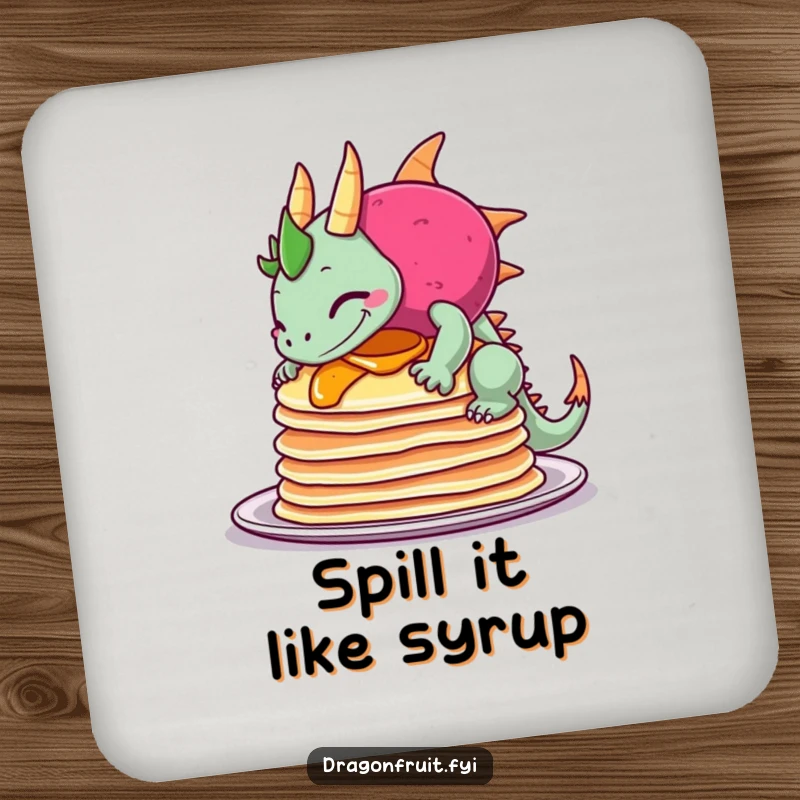Funny drink coaster depicting a dragonfruit comically tipping over pancakes with a sheepish grin, adding a humorous element to tables.