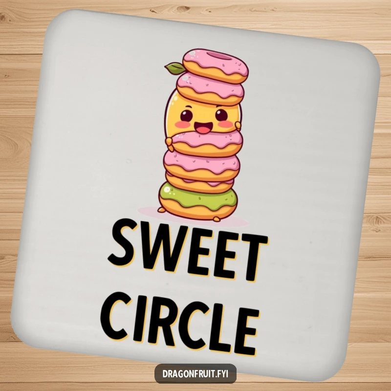 Funny Drink Coasters: A mango character hilariously balancing donuts, protecting surfaces with charm and a touch of sweet chaos.